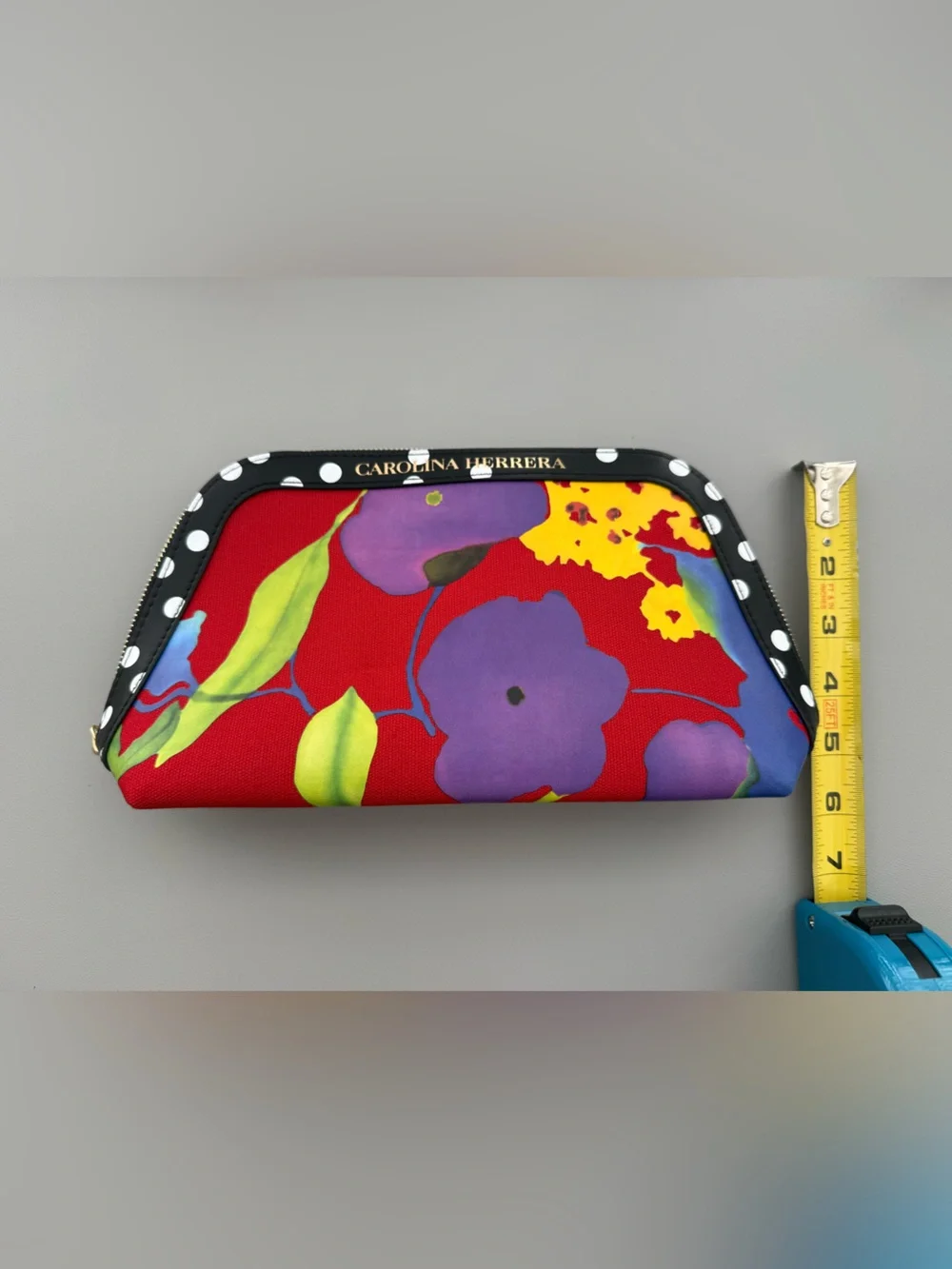Carolina Herrera Red Floral Cosmetic Pouch with Polka-Dot Trim